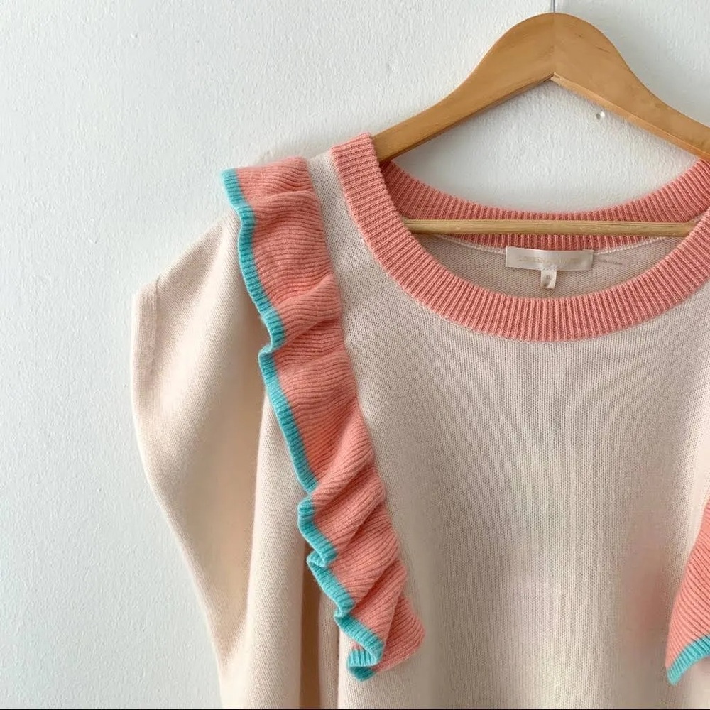 LoveShackFancy Cream and Pink Crew Neck Sweater with Ruffle Detail